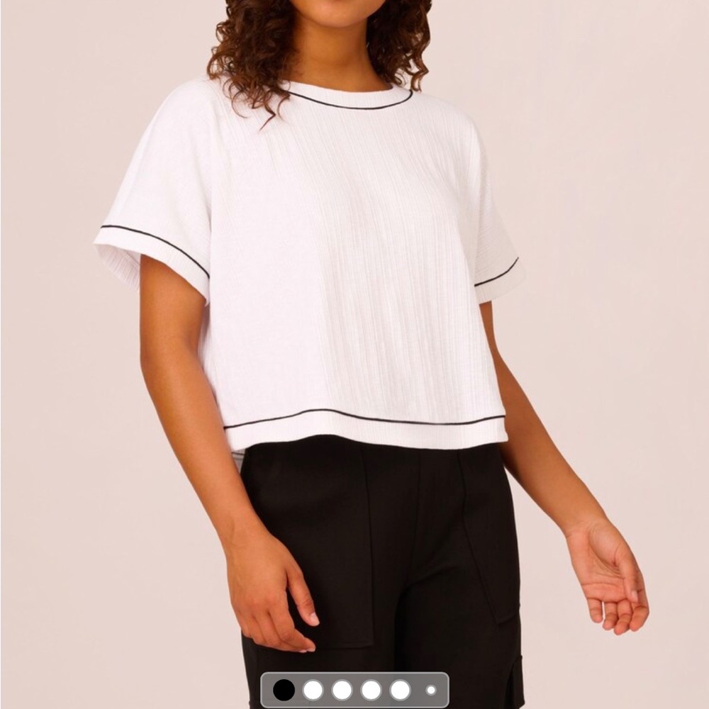 White Ribbed Women's Top with Black Trim Detail - Picture 2 of 4